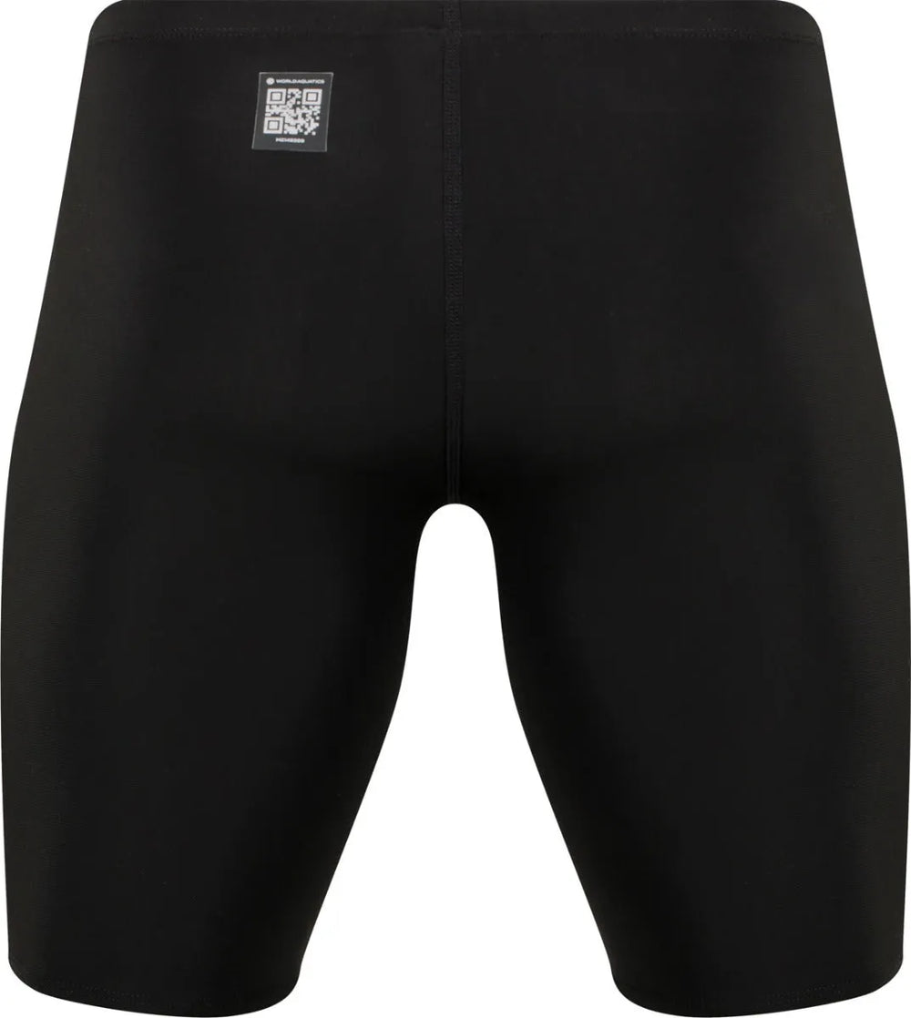 Amanzi men's Acceler8 RIZE black jammer swimwear, close-up view showing sleek design and stretchy fabric for competitive swimming.