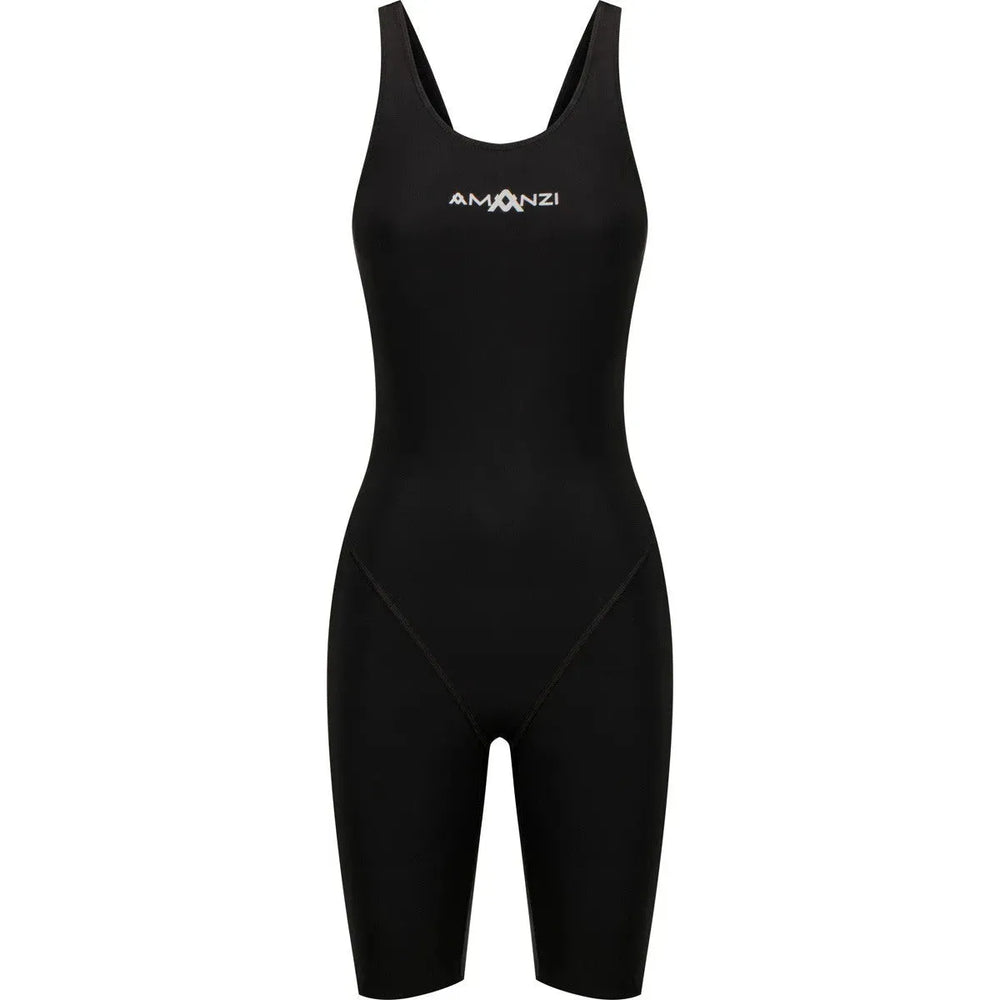 Amani Girls Acceler8 RIZE black kneesuit for swimming, featuring a sleek design and comfortable fit for young swimmers.