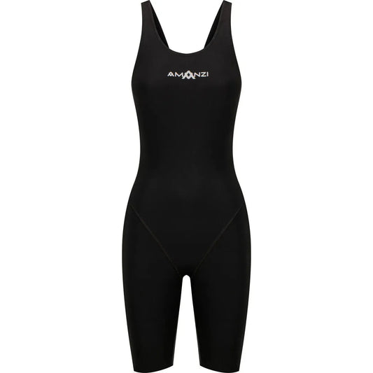 Amani Girls Acceler8 RIZE black kneesuit for swimming, featuring a sleek design and comfortable fit for young swimmers. 1200