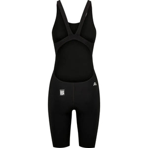 Amani Girls Acceler8 RIZE black kneesuit, close-up of the sleek black fabric with branding details for active swimming or water sports.