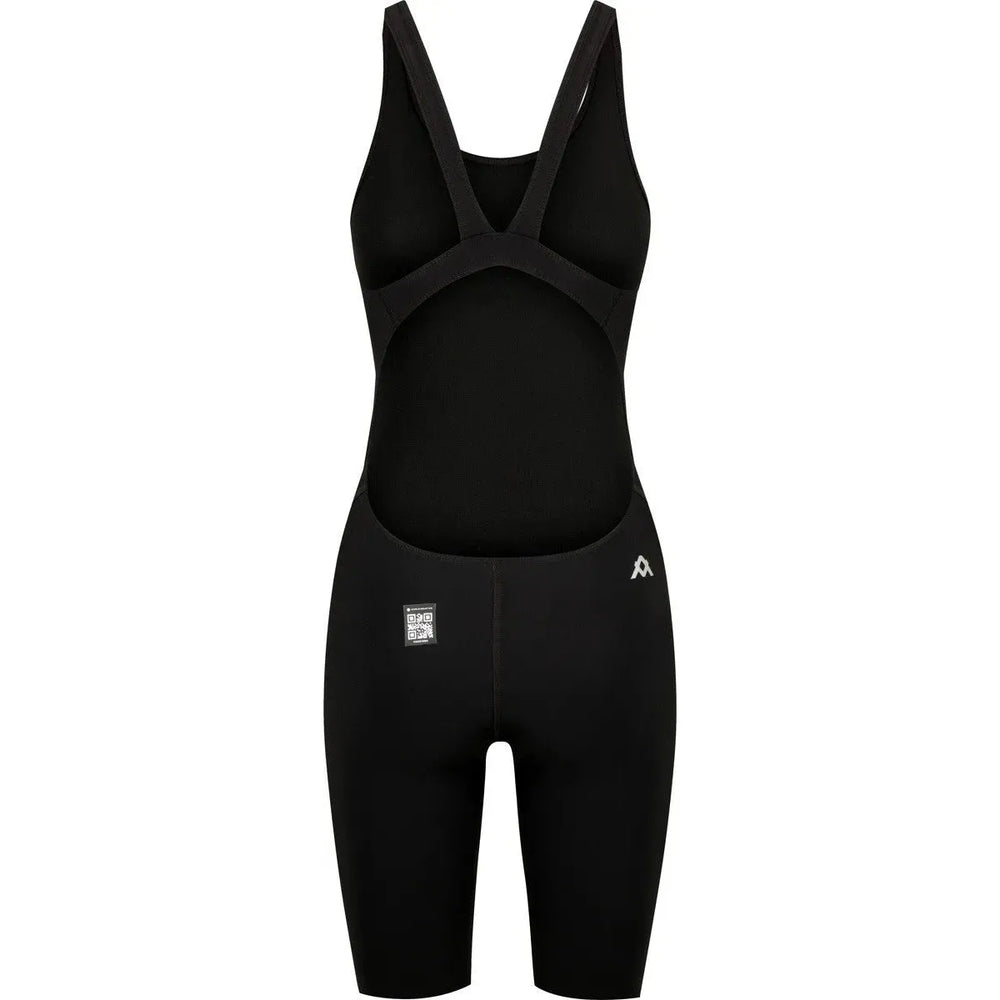 Amani Girls Acceler8 RIZE black kneesuit, close-up of the sleek black fabric with branding details for active swimming or water sports.