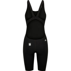 Amani Girls Acceler8 RIZE black kneesuit, close-up of the sleek black fabric with branding details for active swimming or water sports.
