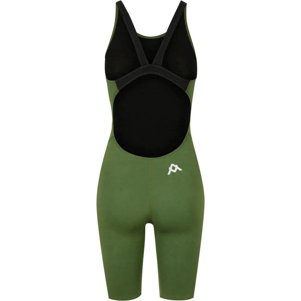 Amani Girls Memphis Active Green Kneesuit, a vibrant green one-piece athletic suit for girls with a comfortable fit and active design.