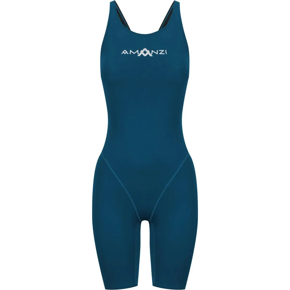 Amani Girls Neptune Active Kneesuit in navy, featuring long sleeves and front zipper, designed for swimming and water activities.
