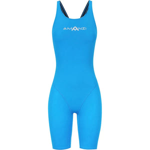 Amani Women's Azure Active Kneesuit in royal blue, form-fitting wetsuit with long sleeves and zipper for water sports and diving.