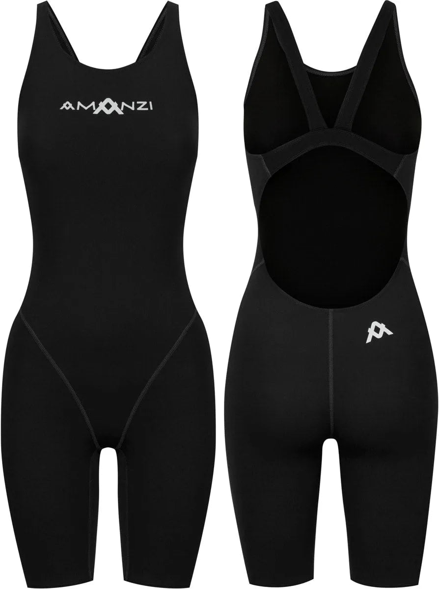 Amani Women's Jet Active Kneesuit in black, fitted wetsuit with long sleeves and high neckline, designed for water sports.