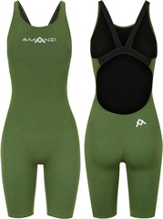 Green Amanzi Womens Memphis Active Kneesuit, a fitted wetsuit with short sleeves and knee panels, designed for water sports.