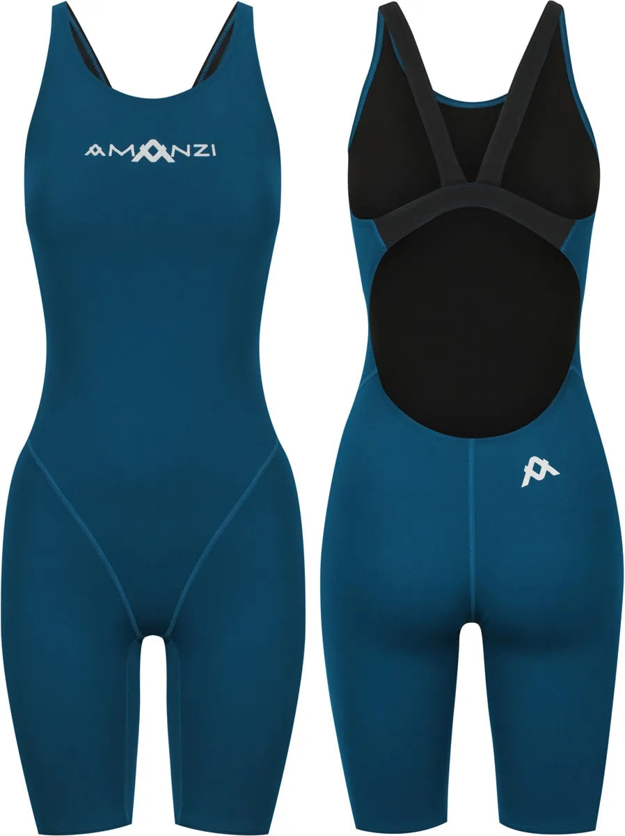 Amani Women's Neptune Active Kneesuit in navy, close-up view showing the fitted wetsuit with logo and textured fabric details.