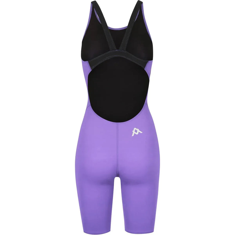 Amanzi Women's Iris Active Purple Kneesuit showing a fitted, full-body wetsuit with long sleeves and kneepads in vibrant purple.