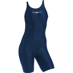 Amani Women's Sapphire Active Kneesuit in navy, showing the full-length form-fitting athletic wetsuit with long sleeves and zipper.
