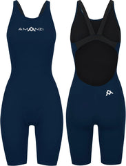Amani Women's Sapphire Active Kneesuit in navy, made of stretchy fabric, designed for active wear, with a fitted silhouette.