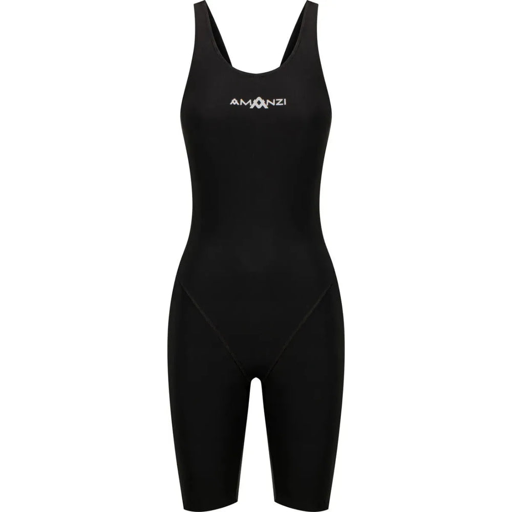 Amanzi Women's Acceler8 RIZE Kneesuit in black, close-up of the sleek, fitted wetsuit designed for water sports and diving activities.