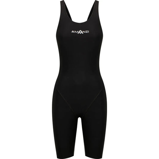 Amanzi Women's Acceler8 RIZE Kneesuit in black, close-up of the sleek, fitted wetsuit designed for water sports and diving activities. 1200