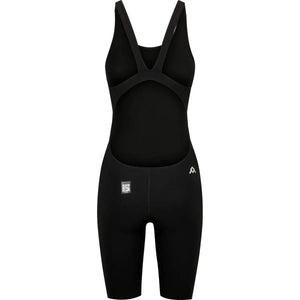 Amani Womens Acceler8 RIZE black kneesuit, form-fitting wetsuit with long sleeves and high neck, designed for water sports and diving.