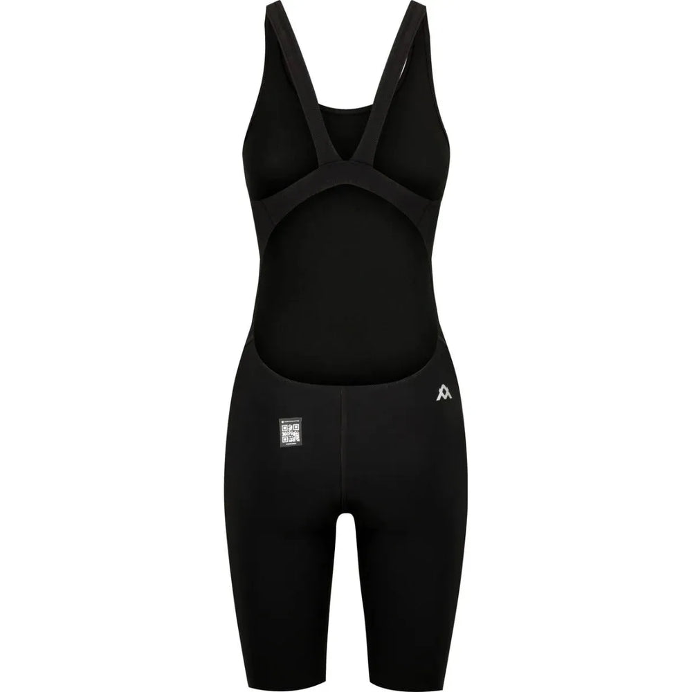 Amani Womens Acceler8 RIZE black kneesuit, form-fitting wetsuit with long sleeves and high neck, designed for water sports and diving.