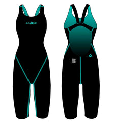 Amani Women's Acceler8 RIZE Kneesuit in Jet and Spearmint with a sleek design, suitable for water sports and swimming activities.