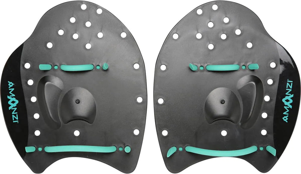 Amani Jet Hand Paddle Set in black, featuring two ergonomic swimming paddles with textured grips for enhanced training.