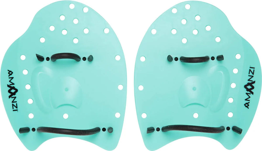 Amani Spearmint Hand Paddle Set in green for swimming, showing two lightweight paddles with textured grips and adjustable straps.