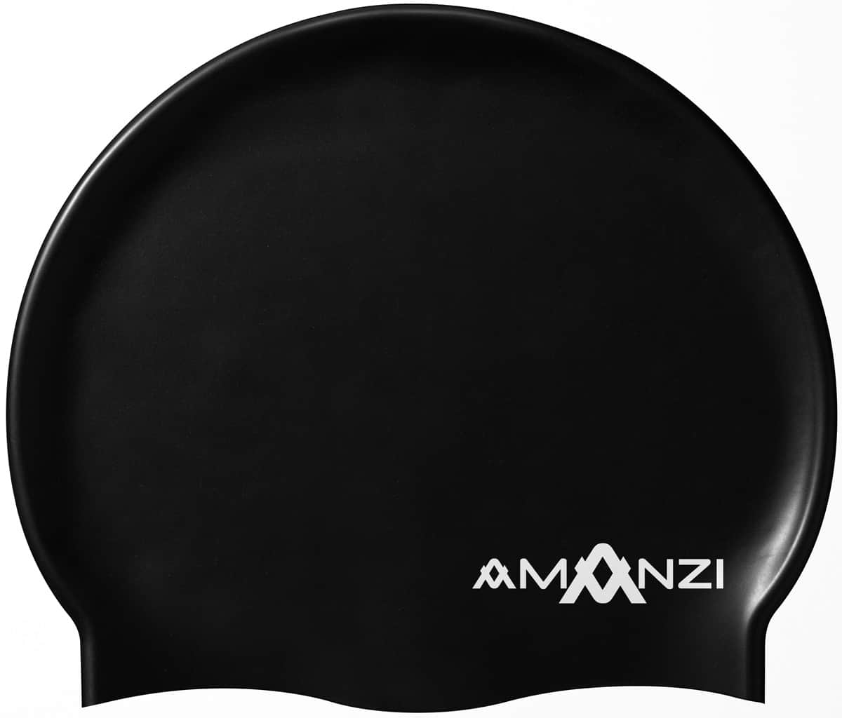 Amani Jet black swim cap for men and women, made of durable material, designed to reduce drag and protect hair during swimming.