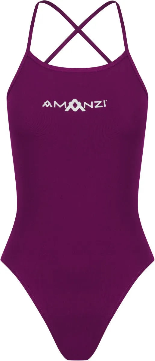 Amani girls' purple Bordeaux tie-back one-piece swimsuit with ruffled straps and a stylish back design.