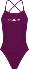Amani girls' purple Bordeaux tie-back one-piece swimsuit with ruffled straps and a stylish back design.