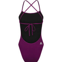 Amani girls' purple Bordeaux one-piece swimsuit with tie-back design, suitable for kids' swimwear, made by Amanzi.