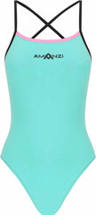 Amani girls' cotton candy tie-back one-piece swimsuit in blue and pink, featuring a playful design and secure tie-back detail.