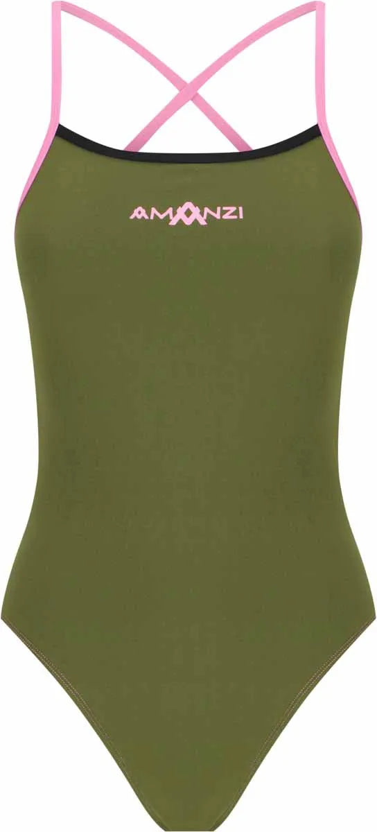 Amani girls' desert blush tie-back one-piece swimsuit in green, black, and pink with a stylish back design.