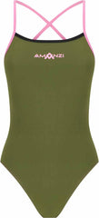 Amani girls' desert blush tie-back one-piece swimsuit in green, black, and pink with a stylish back design.