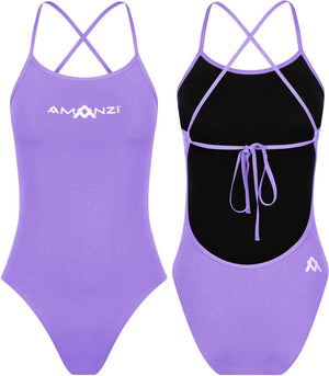 Purple Amanzi girls' Iris tie-back one-piece swimsuit with ruffle details, perfect for swimming and beach outings.