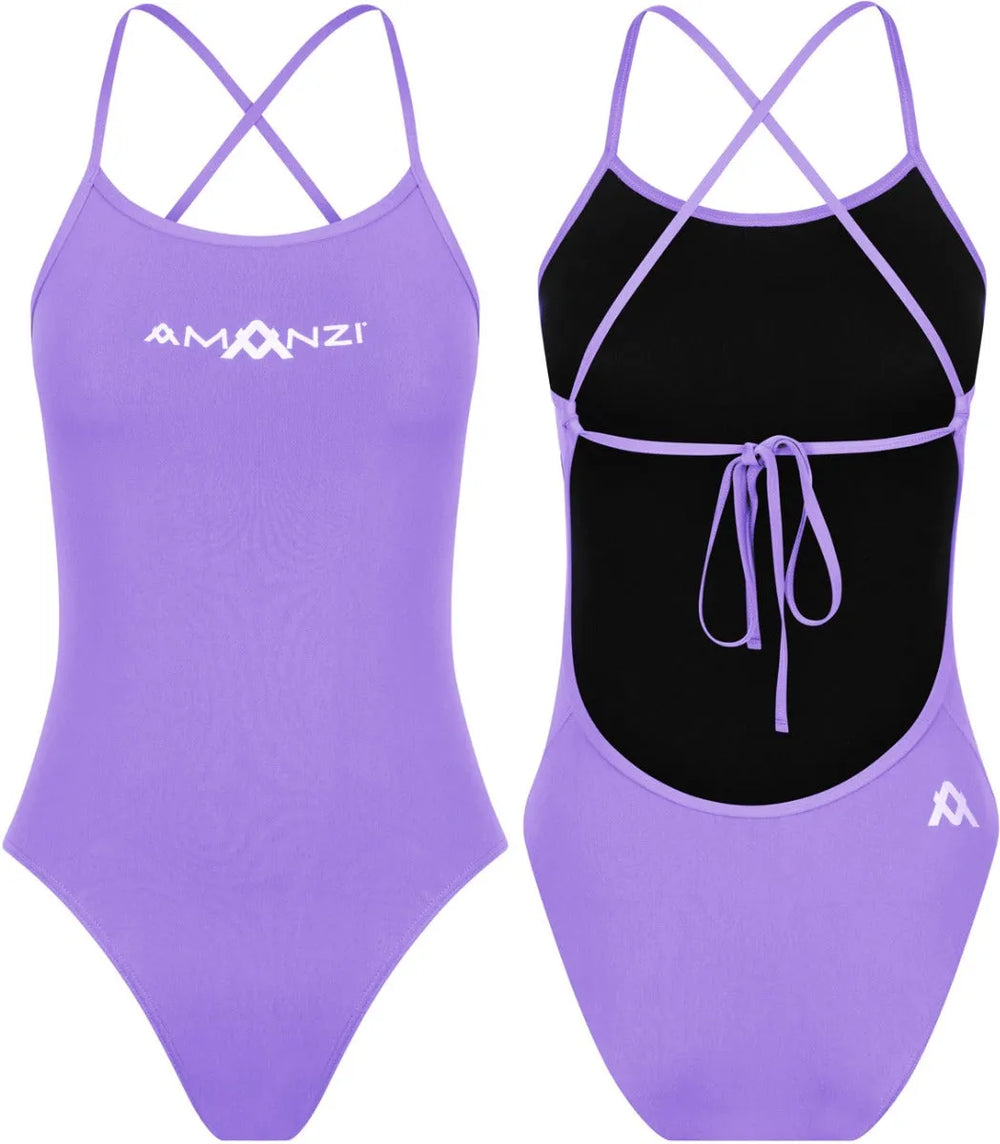 Purple Amanzi girls' Iris tie-back one-piece swimsuit with ruffle details, perfect for swimming and beach outings.