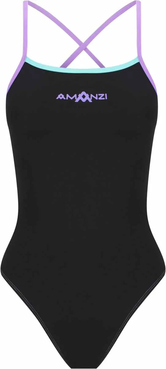 Amani girls' Mystic Mint tie-back one-piece swimsuit in black and mint with stylish design and comfortable fit.