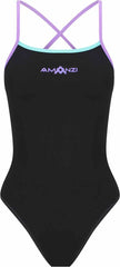 Amani girls' Mystic Mint tie-back one-piece swimsuit in black and mint with stylish design and comfortable fit.