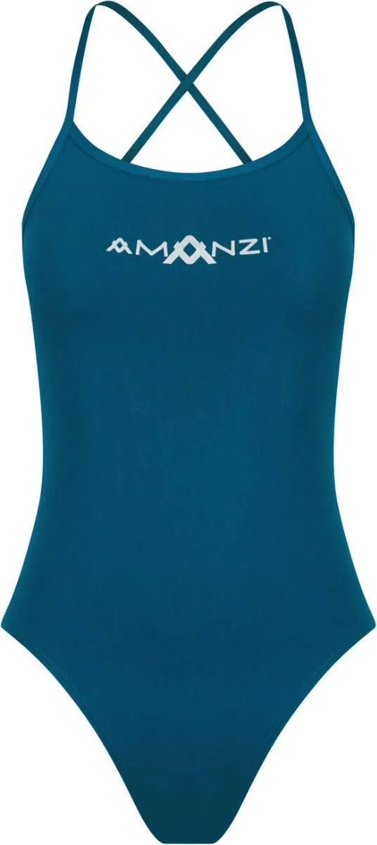 Amani Girls Neptune navy one-piece swimsuit with tie-back design, featuring a sleek swimwear style for girls.