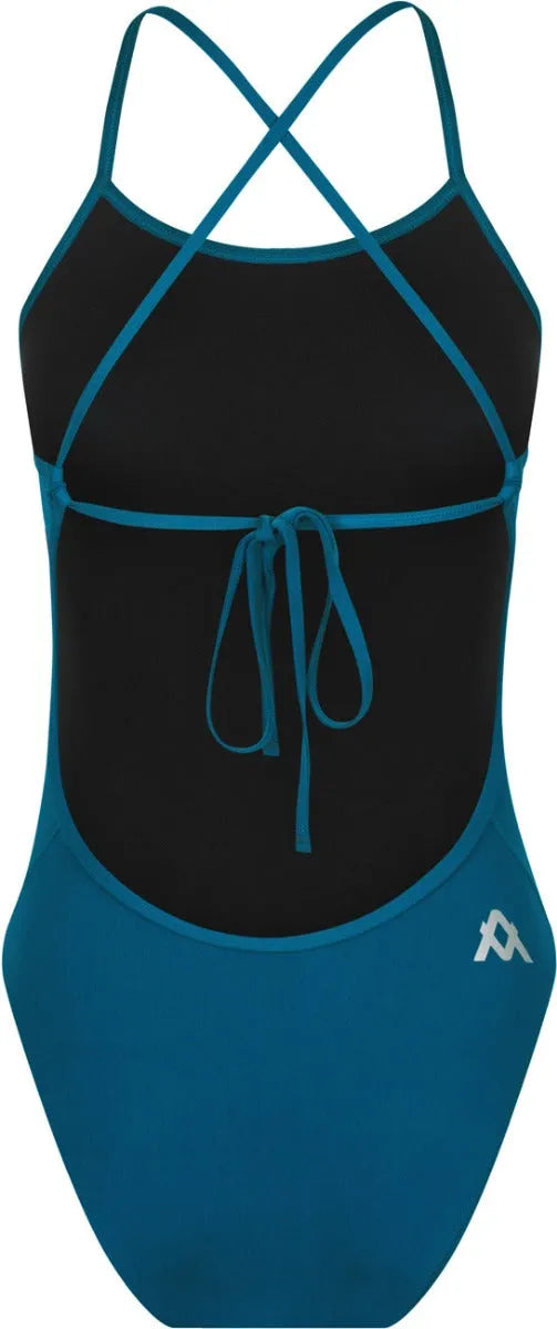Navy Amanzi girls' Neptune tie-back one-piece swimsuit with ruffled details and adjustable straps, perfect for swimming and beach fun.