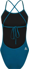 Navy Amanzi girls' Neptune tie-back one-piece swimsuit with ruffled details and adjustable straps, perfect for swimming and beach fun.