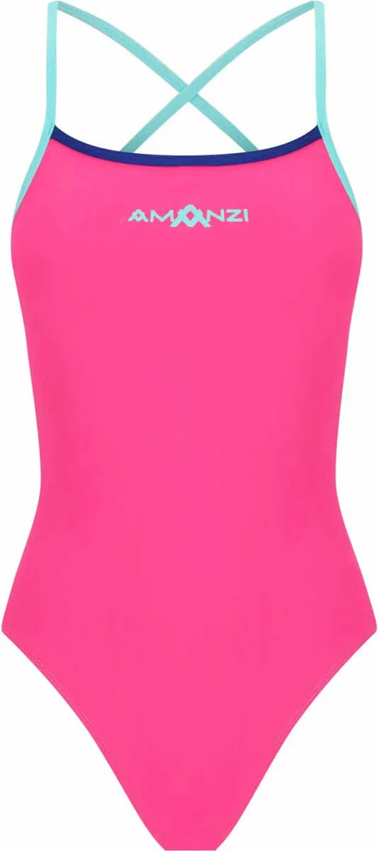 Amani girls' pink and blue rose water tie-back one-piece swimsuit with floral pattern and adjustable straps.