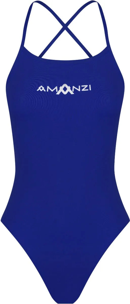 Amani girls sapphire blue one-piece swimsuit with a tie-back design, perfect for swimming and beachwear.