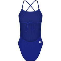 Amani girls sapphire blue one-piece swimsuit with tie-back design and ruffled straps, perfect for swimming and beach wear.