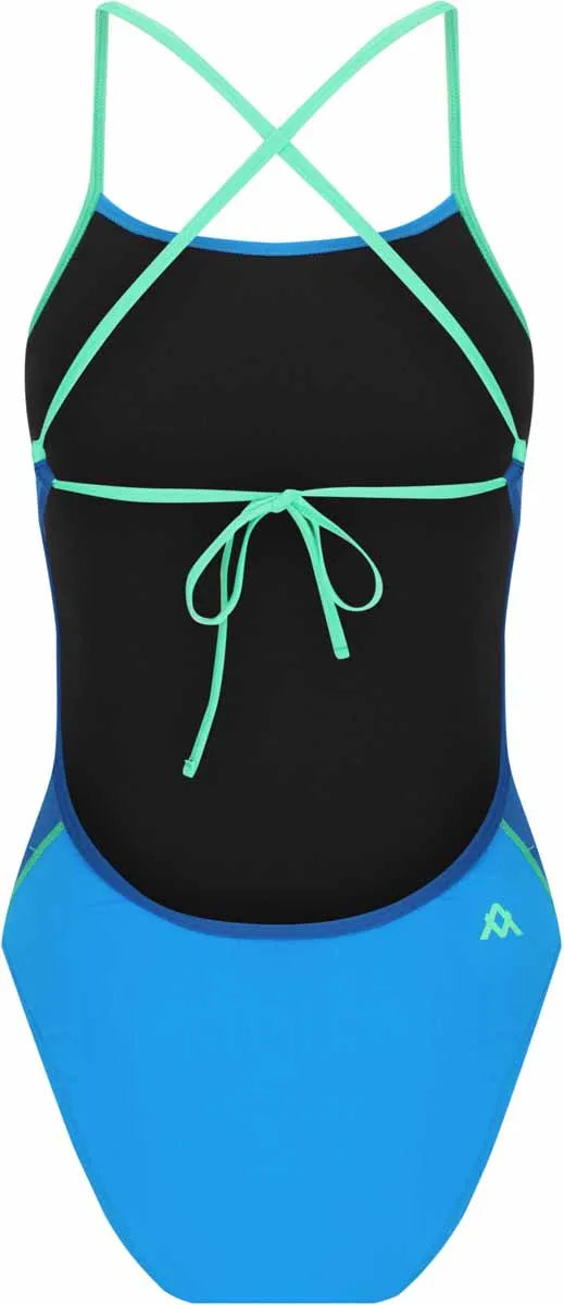 Amani girls' Seaglass blue tie-back one-piece swimsuit with ruffled straps, suitable for swimming and beachwear.