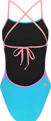 Amani girls' Splendour tie-back one-piece swimsuit in purple and blue with a stylish design and adjustable straps.