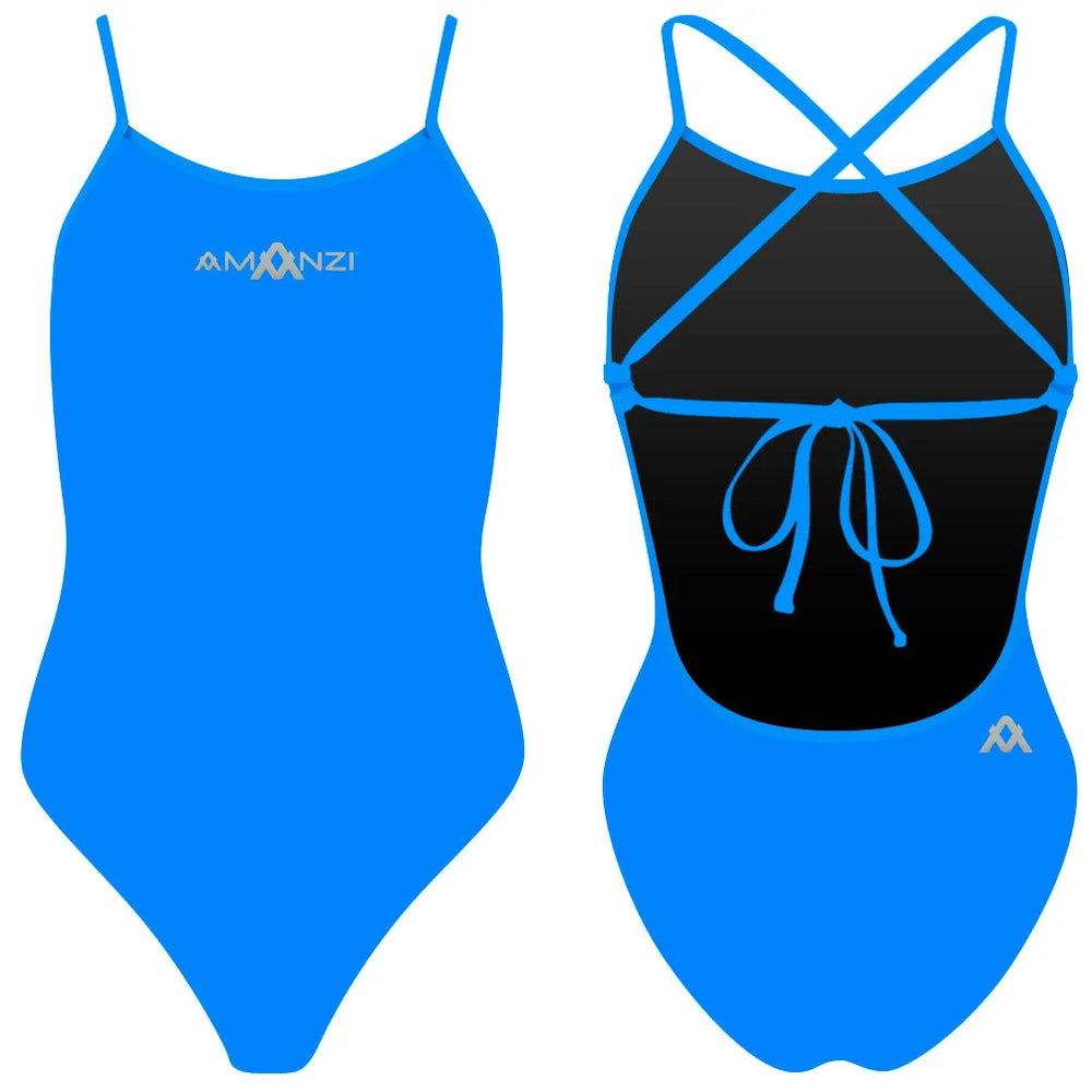Amani women's azure tie-back one-piece swimsuit in blue with cutout details and adjustable straps, displayed on a mannequin.