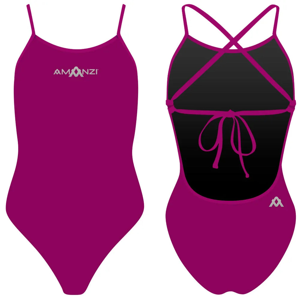Amani women's purple Bordeaux tie-back one-piece swimsuit with stylish back tie detail and sleek fit for swimming and beachwear.
