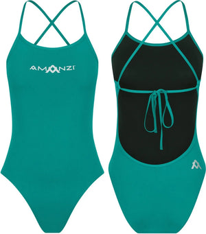 Amani women's blue Capri tie-back one-piece swimsuit with a sleek fit and stylish design, perfect for swimming and beachwear.