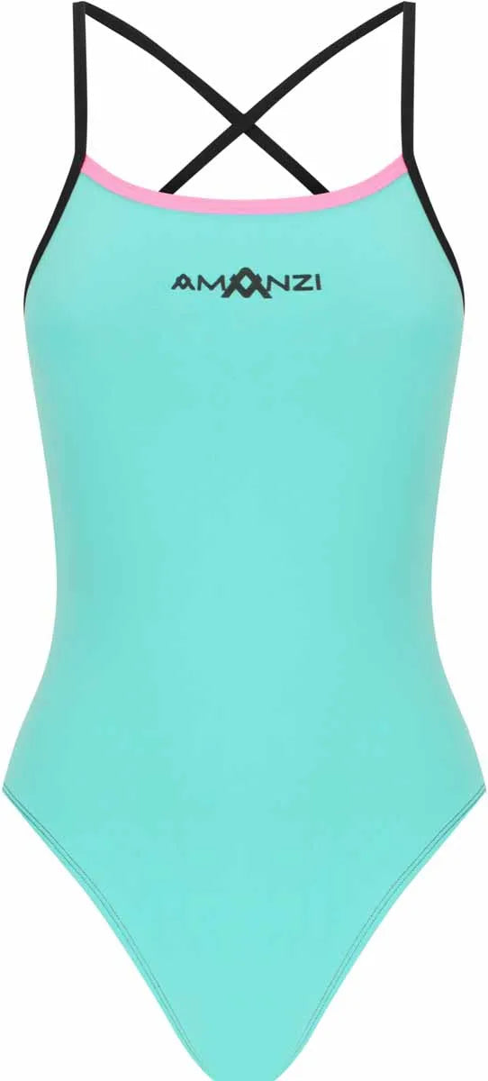 Amani women's cotton candy tie-back one-piece swimsuit in blue and pink with a stylish back design, perfect for beachwear.
