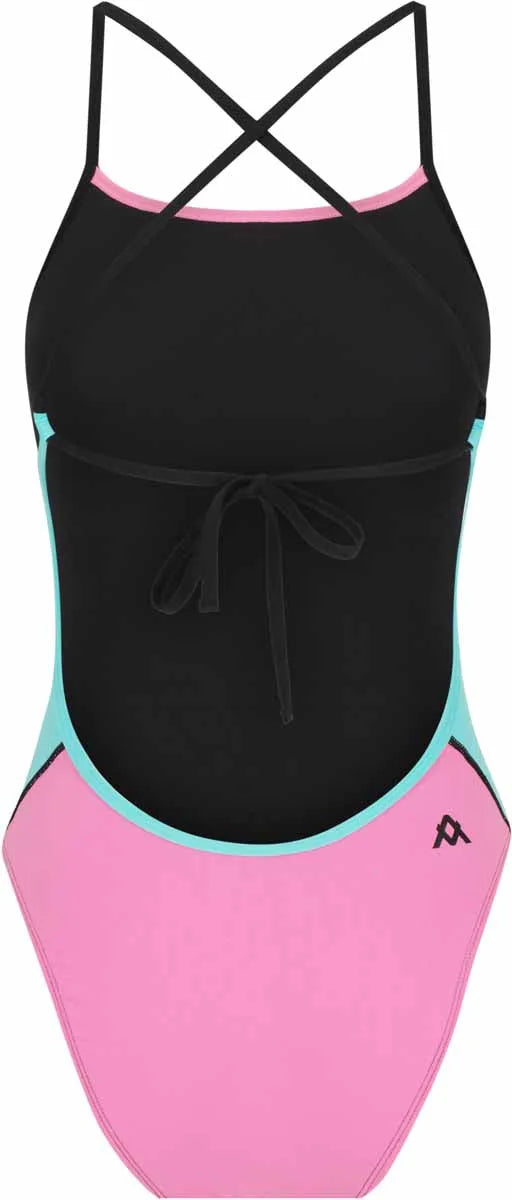 Amani Women's Cotton Candy tie-back one-piece swimsuit in blue and pink with a stylish back design, perfect for beach or pool.