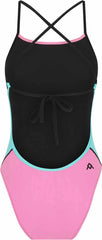 Amani Women's Cotton Candy tie-back one-piece swimsuit in blue and pink with a stylish back design, perfect for beach or pool.