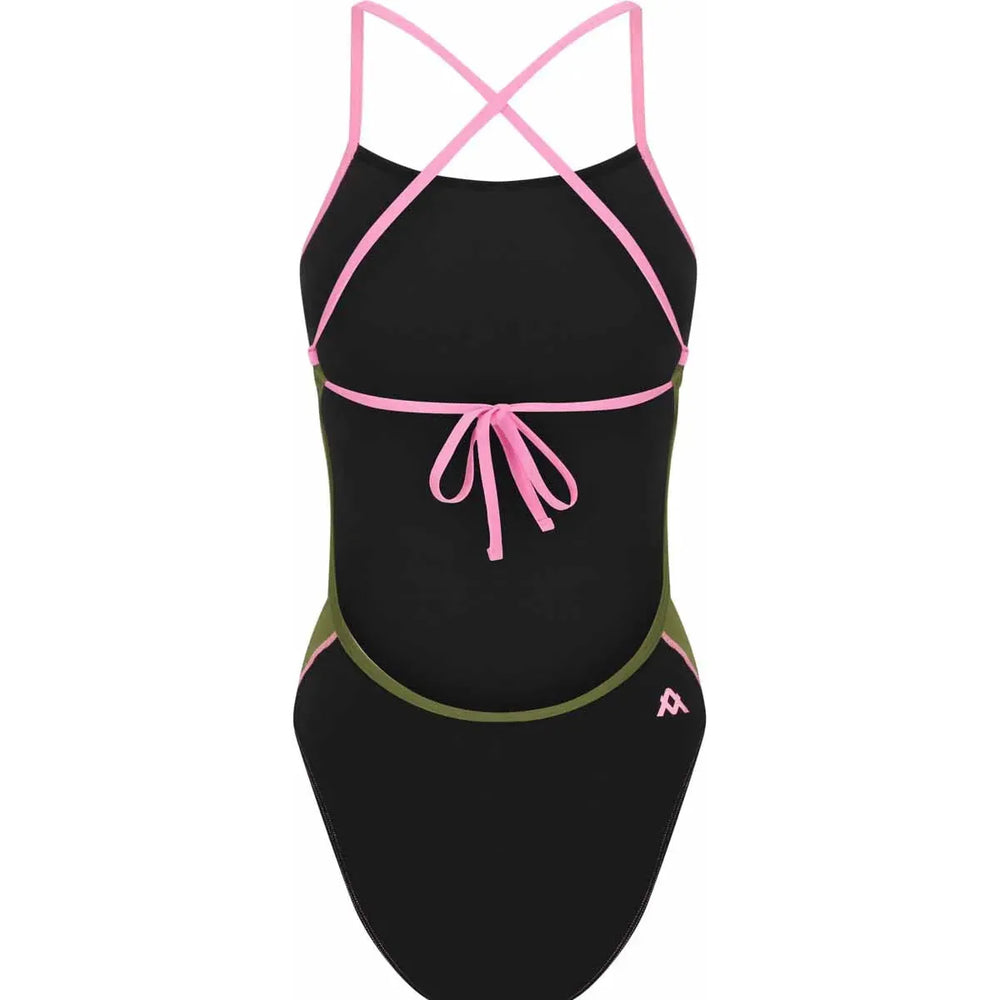 Amani Womens Desert Blush Tie Back One Piece swimsuit in green, black, and pink featuring a stylish back tie detail.