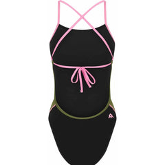 Amani Womens Desert Blush Tie Back One Piece swimsuit in green, black, and pink featuring a stylish back tie detail.
