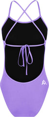 Amani Womens Iris purple tie-back one-piece swimsuit with a sleek fit and stylish design, shown on a model.